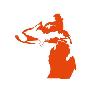 May include: An orange silhouette of a snowmobile driving over the state of Michigan. The snowmobile has a rider on it.