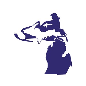 May include: A blue silhouette of the state of Michigan with a snowmobile and rider on top. The snowmobile is facing left and the rider is wearing a helmet.