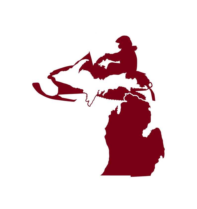 May include: A red silhouette of a snowmobile driving over the state of Michigan. The snowmobile driver is wearing a helmet.