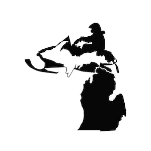 May include: A black and white silhouette of a person riding a snowmobile over the state of Michigan.