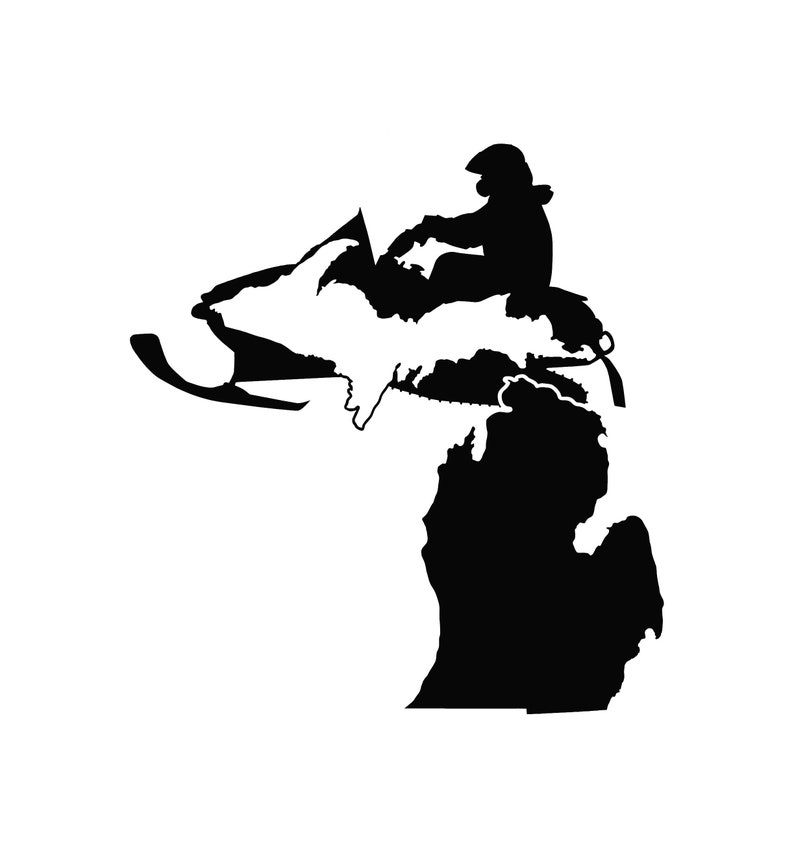 May include: A black and white silhouette of a person riding a snowmobile over the state of Michigan.