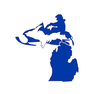 May include: A blue silhouette of a snowmobile driving over the state of Michigan.
