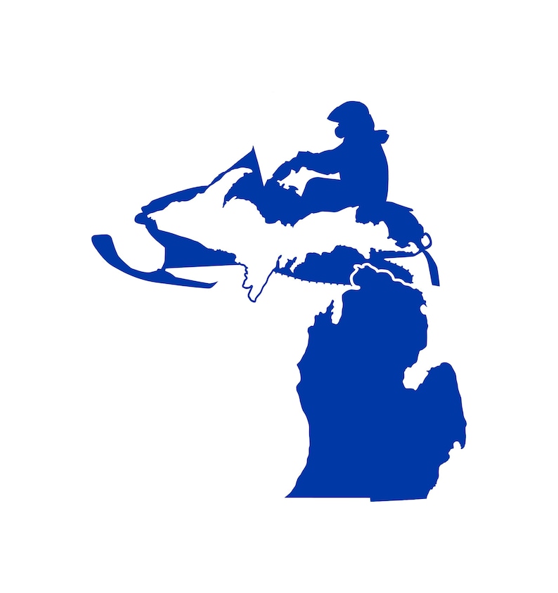 May include: A blue silhouette of a snowmobile driving over the state of Michigan.