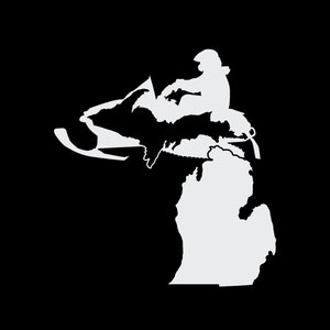 May include: A white silhouette of a person riding a snowmobile over the state of Michigan. The snowmobile is facing left and the person is wearing a helmet.