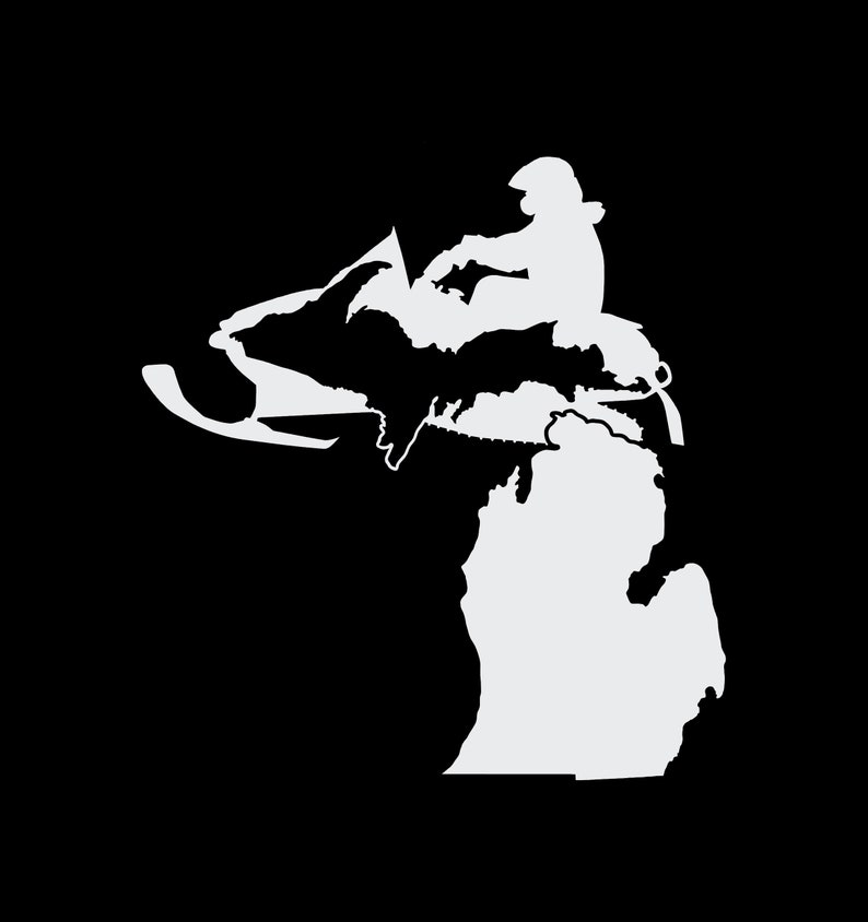 May include: A white silhouette of a person riding a snowmobile over the state of Michigan. The snowmobile is facing left and the person is wearing a helmet.