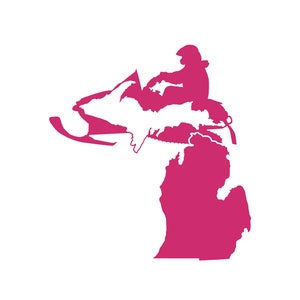 May include: Pink silhouette of a snowmobile with a rider on top of the state of Michigan.