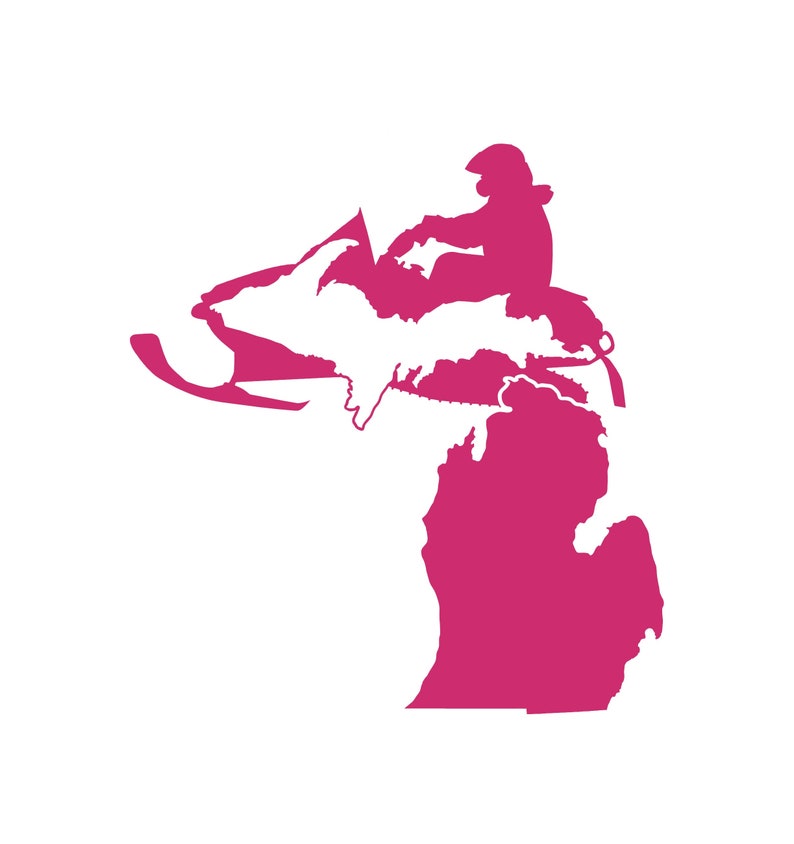May include: Pink silhouette of a snowmobile with a rider on top of the state of Michigan.