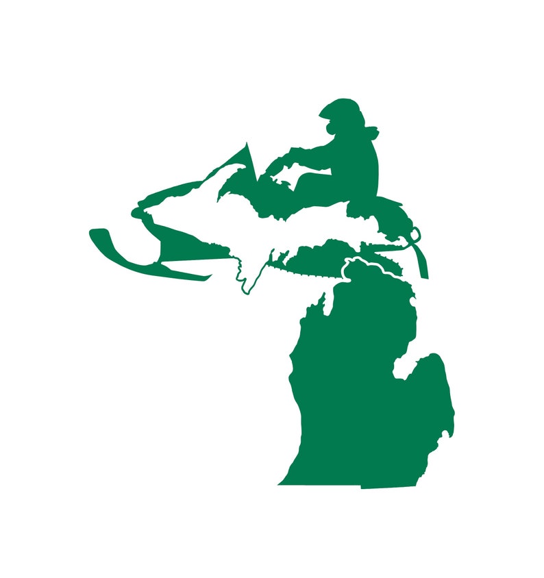May include: A green silhouette of the state of Michigan with a snowmobile and rider on top. The snowmobile is facing left and the rider is wearing a helmet.