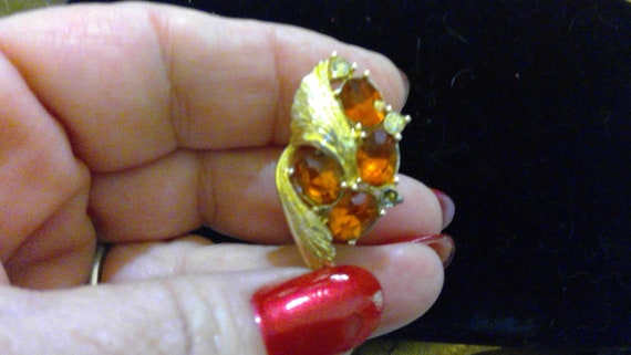 Vintage Coro Orange or Topaz with Rhinestones Pin… - image 2