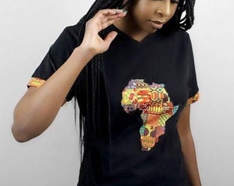 Embroidered Kente Print African Map T-Shirt, Afrocentric Cotton ClothingAfrican Map T-shirt, Embroidered Kente Print, African t-shirt