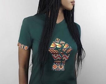 African Print Power Fist T-Shirt - Ankara Accents, V-Neck Top, Power tshirt, fist t shirt, African t shirt, green t-shirt, African shirt