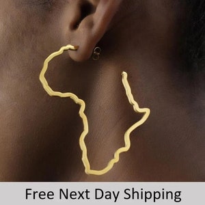Pendientes de aro africanos, pendientes de aro africanos, pendientes africanos dorados, pendientes africanos, pendientes con mapa de África, pendientes de aro con mapa de África