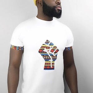 African Print Fist T-Shirt - Ankara Patch Tee, Black Power Shirt, Power fist tshirt, fist t shirt, African t shirt, white t-shirt