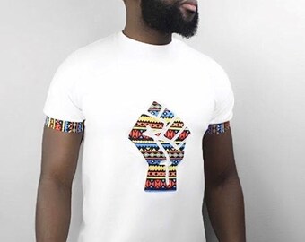 African Print Fist T-Shirt - Ankara Patch Tee, Black Power Shirt, Power fist tshirt, fist t shirt, African t shirt, white t-shirt