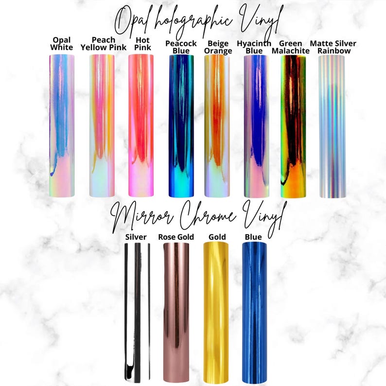 May include: A selection of holographic and mirror chrome vinyl rolls in various colours, including opal white, peach yellow, hot pink, peacock blue, beige orange, hyacinth blue, green malachite, matte silver rainbow, silver, rose gold, gold, and blue.