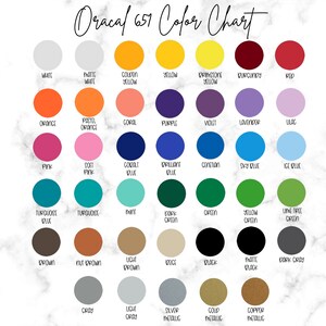 May include: A colour chart displaying 36 different shades of Oracal 657 vinyl. The colours are arranged in rows and columns, with the names of each colour printed below each circle.