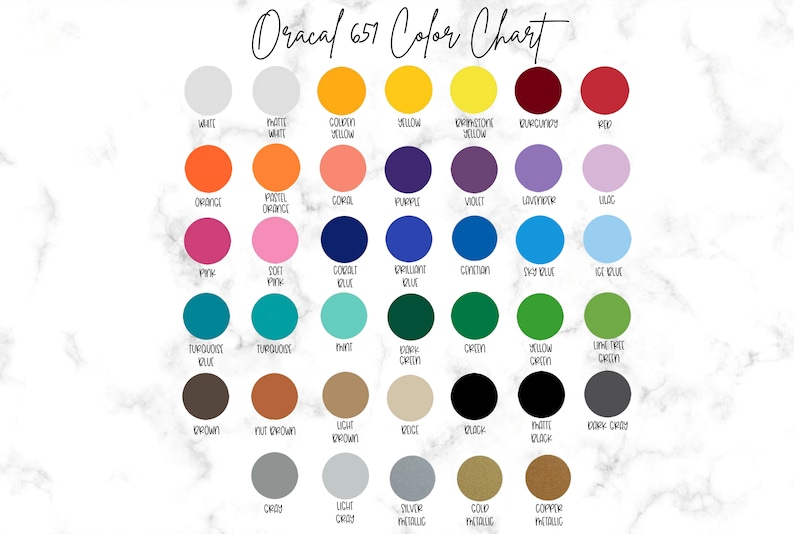 May include: A colour chart displaying 36 different shades of Oracal 657 vinyl. The colours are arranged in rows and columns, with the names of each colour printed below each circle.