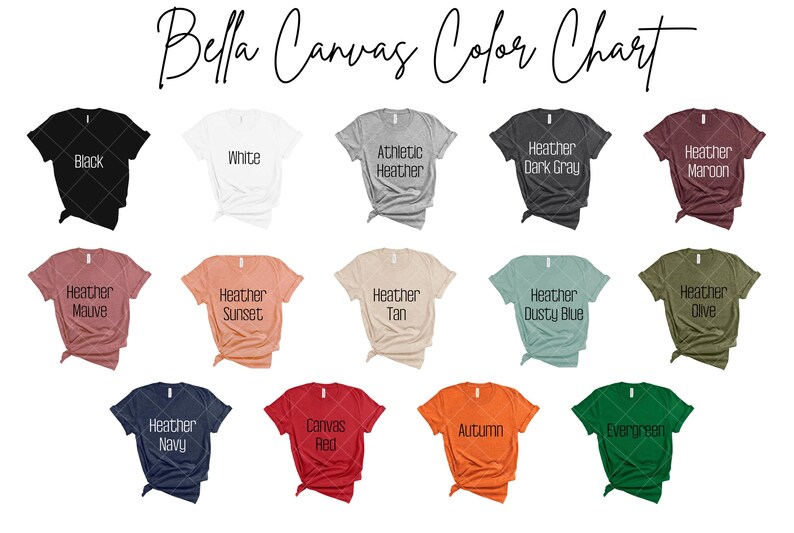 May include: A color chart displaying various Bella Canvas t-shirt colors. The chart includes black, white, athletic heather, dark gray, maroon, heather mauve, sunset, tan, dusty blue, olive, navy, canvas red, autumn, and evergreen. The text "Bella Canvas Color Chart" is at the top.