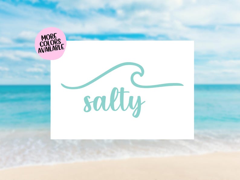 May include: A white background with a teal blue wave and the word "salty" written in teal blue cursive font.