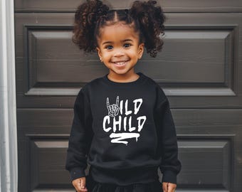 Wild Child Toddler Crewneck Sweatshirt, Skeleton Hand, Rock on Grunge Toddler Shirt, Funny Kids Graphic Shirt