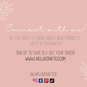 May include: A pink background with white text that reads "Connect with us!" and other promotional text. The image also includes social media icons for Instagram, Facebook, Pinterest, and TikTok, and the website address.