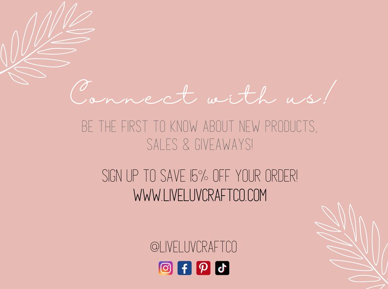 May include: A pink background with white text that reads "Connect with us!" and other promotional text. The image also includes social media icons for Instagram, Facebook, Pinterest, and TikTok, and the website address.