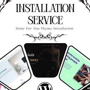 Może przedstawiać: Grafika promocyjna z tekstem "THEME INSTALLATION SERVICE" i "Done-For-You Theme Installation." Obraz zawiera makiety stron internetowych i logo WordPress. Grafika jest czarno-biała.