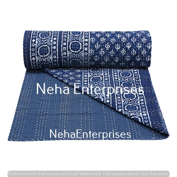 Blue Ikat Paisley Print Kantha Quilted Bedspread Kantha Bedsheet Cotton Bedcover
