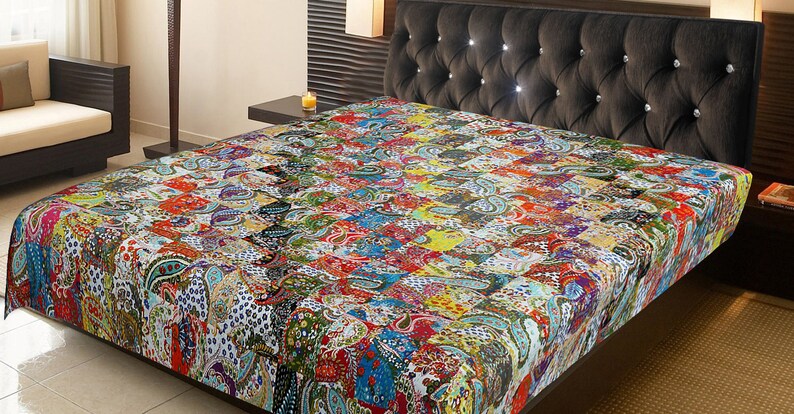 Indian Patchwork Kantha Quilt Bohemian Bedspread AC Quilt Vintage Handmade Kantha Quilt Reversible Kantha Bedspread King Size Kantha Blanket