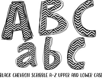 Digital File 52 A-Z Scribble Font -Upper and Lowercase -Black Chevron