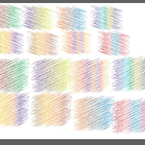 May include: A collection of 18 colorful squares, each filled with diagonal lines in a rainbow pattern. The squares are arranged in a grid of 4 rows and 5 columns.