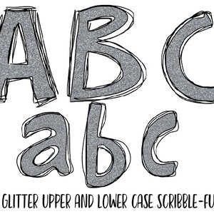 Digital File  52 A-Z Scribble Font -Upper and Lowercase -Silver Glitter