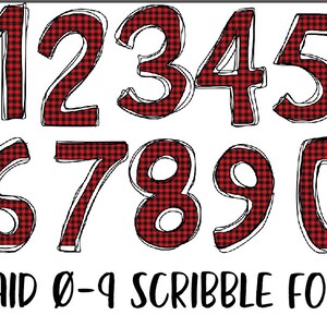 Digital File  0-9 Numbers Red Plaid Scribble Font