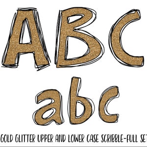 Digital File  52 A-Z Scribble Font -Upper and Lowercase -Gold Glitter