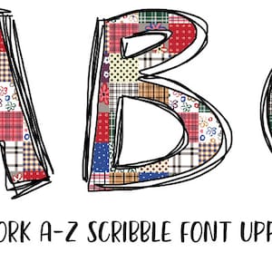 Pode incluir: Letras A, B e C em maiúsculas da fonte Patchwork A-Z Scribble. Cada letra é feita de um tecido patchwork diferente com uma variedade de cores e padrões.
