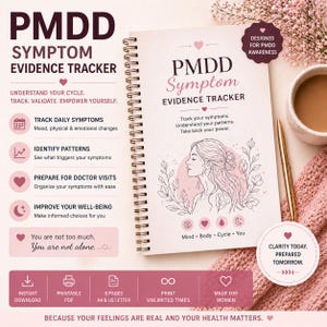 Könnte beinhalten: Ein spiralgebundenes Notizbuch mit dem Titel "PMDD Symptom Evidence Tracker" mit rosa und weißen Designelementen. Das Cover zeigt Text und eine Strichzeichnung einer Frau. Das Notizbuch dient zur Verfolgung von Symptomen und zum Verständnis von Mustern.
