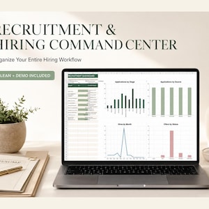 May include: A laptop screen displaying a Recruitment & Hiring Command Center dashboard with various data charts, including bar and line graphs. The screen shows text headers, a clean layout, and a green button labeled CLEAN + DEMO INCLUDED.