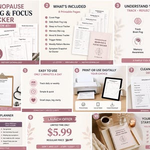 May include: A digital planner for women 40+ to track brain fog and focus, with printable pages and instant download options. Includes symptom tracking, weekly reviews, and doctor visit preparation.