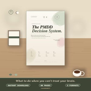 May include: A document titled The PMDD Decision System with a beige background, soft green and pink watercolor accents, and black text. It includes a numbered list from 01 to 08, small icons, and the phrase What to do when you can't trust your brain.