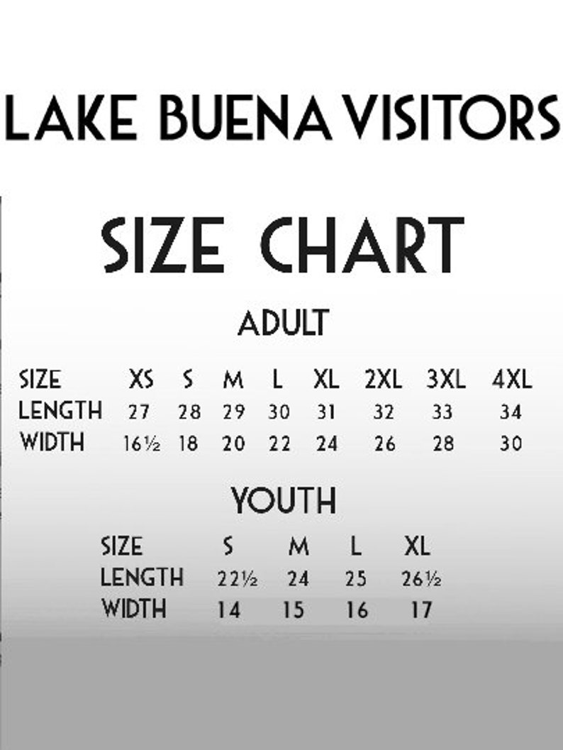 May include: Size chart for adult and youth clothing. The chart shows the size, length, and width in inches for each size. Adult sizes include XS, S, M, L, XL, 2XL, 3XL, and 4XL. Youth sizes include S, M, L, and XL.