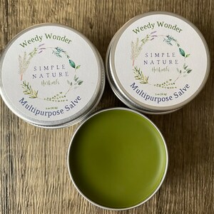 Weedy Wonder Multipurpose Salve.  Organic Olive Oil infused with 6 herbs for various skin issues, unscented for sensitive skin and pets