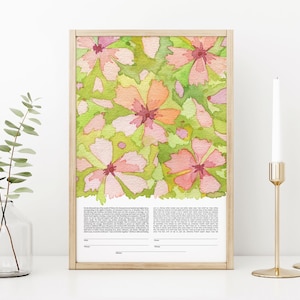 Diseño moderno de ketubá con acuarela acrílica, obra de arte moderna de ketubá floral, regalo de boda judía interreligiosa, texto personalizado.