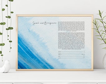 Blue Ocean Wave Ketubah Watercolor Abstract Blue Sea Ketubah Modern Interfaith Ketubah Jewish Wedding Vows Giclee Print