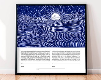 Abstract Ketubah Illustrated Ocean Ketubah Interfaith Starry Night, Moon, Blue Ocean Wave Jewish Wedding Certificate, Custom Text
