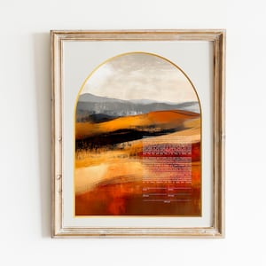 Puede incluir: Impresión artística enmarcada con un paisaje abstracto en tonos cálidos de naranja, marrón y amarillo, enmarcada por un arco dorado. La obra de arte incluye texto en la parte inferior y está encerrada en un marco de madera dorada.