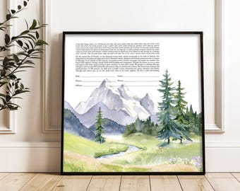 May include: A framed watercolor print featuring a mountain landscape with a stream and evergreen trees. The artwork has a black frame and includes text in Hebrew and English. The color palette includes shades of green, blue, and white.