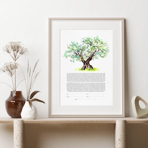Boom Ketubah aquarel schilderij Ketubah handgetekende levensboom Joodse huwelijksgeloften moderne interreligieuze natuur landschap, aangepaste tekst