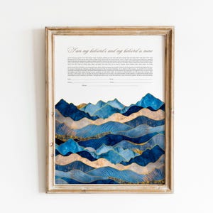 Ketubá de Montañas Abstractas, Diseño de Ketubá Azul Dorado, Contrato de Matrimonio Judío de Ketubá de Boda, Votos de Matrimonio Judíos Personalizados