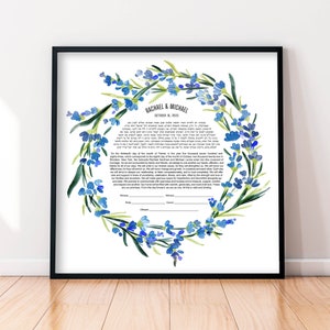 Watercolor Blue Floral Ketubah Fine Art Ketubah Greenery Wreath Ketubah for Modern Interfaith Reform Orthodox Jewish Wedding Ketubah Gift