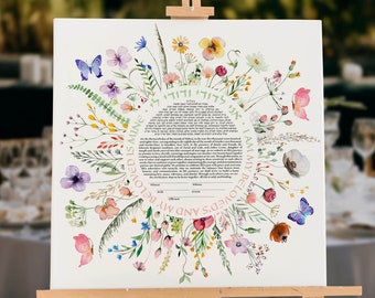Wildflower Watercolor Ketubah Modern Floral Wreath, Interfaith Reform Botanical Ketubah, Jewish Wedding Certificate, Butterfly Ketubah